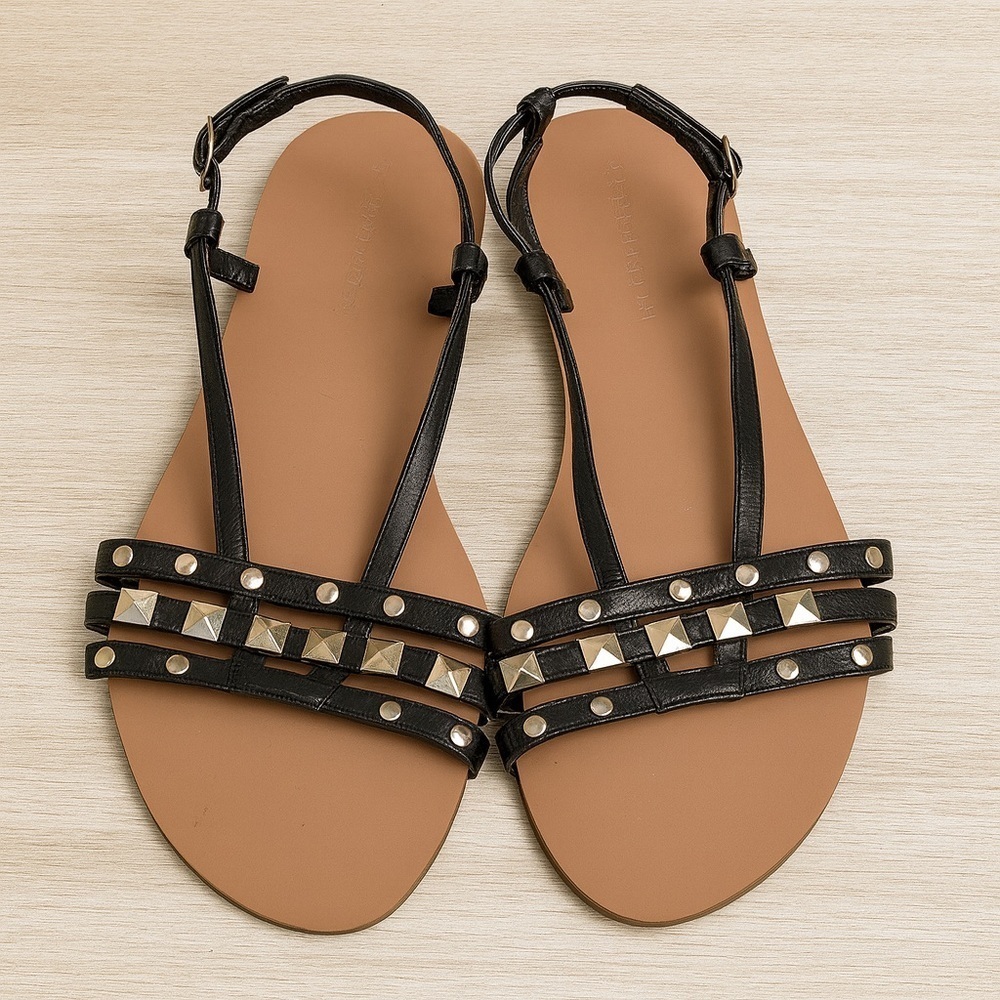 Apostrophe Black Sandals with Thin Straps and Studded Detail. Size 10.